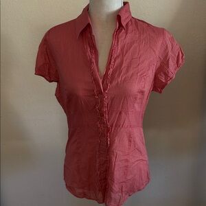 The Limited Cotton Button Up Collared Short Sleeve Blouse in Coral Pink